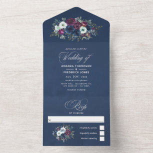 Invitation Tout En Un Plum et marine bleu Mariage Floral All In One Invi