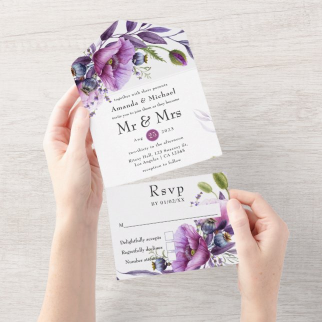 Invitation Tout En Un Plum et Pastel Violet Aquarelle Mariage floral (Déchirure)