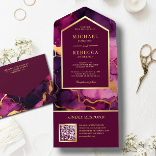 Invitation Tout En Un Plum Gold Abstrait Fluid Ink QR Code Mariage