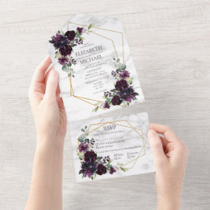 Invitation Tout En Un Plum moderne violet marbre géométrique Mariage flo