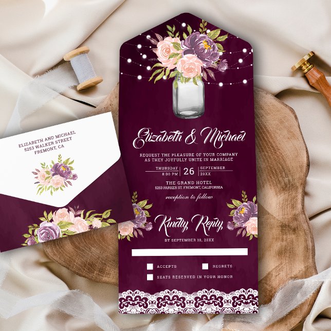 Invitation Tout En Un Plum violet bleu rose rose floral Mason Jar Mariag (Créateur téléchargé)