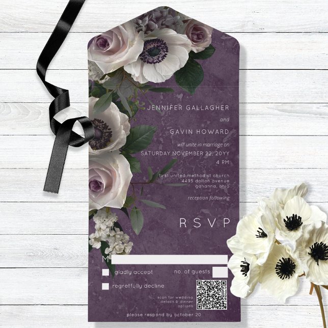 Invitation Tout En Un Plum violet élégant Floral moderne QR Code (Créateur téléchargé)