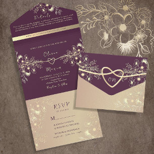 Invitation Tout En Un Plum violet et Mariage or
