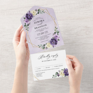 Invitation Tout En Un Plum violet ivoire or Floral Mariage géométrique A