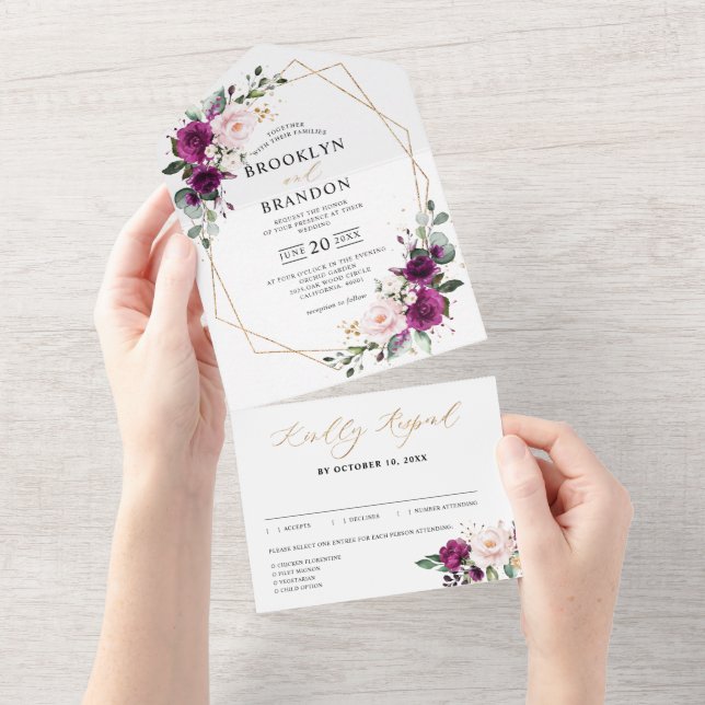 Invitation Tout En Un Plum violet Roses roses rose pâle Mariage géométri (Déchirure)