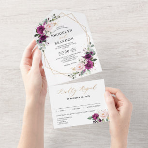 Invitation Tout En Un Plum violet Roses roses rose pâle Mariage géométri