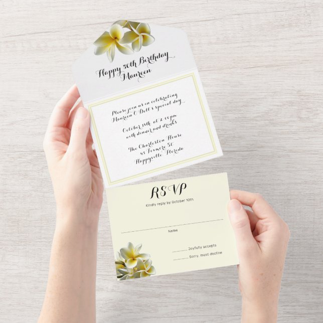 Invitation Tout En Un Plumeria fête d'anniversaire Jaune (Déchirure)