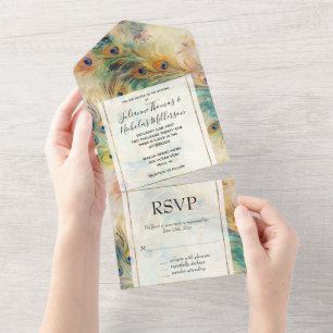 Invitation Tout En Un Plumes Aqua Green Gold Peacock