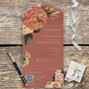 Invitation Tout En Un Poche moderne Mimosa Floral Rust QR Code