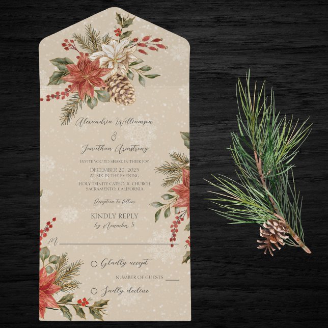 Invitation Tout En Un Poinsettias avec du houx sur beige neigeux (Also available with QR code. )