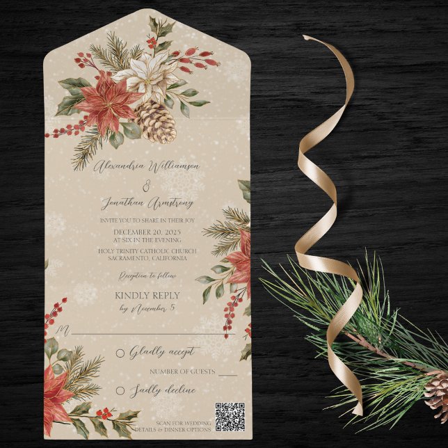 Invitation Tout En Un Poinsettias avec du houx sur fond beige neige QR C (Créateur téléchargé)