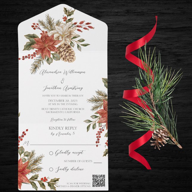 Invitation Tout En Un Poinsettias avec du houx sur QR Code blanc (Créateur téléchargé)