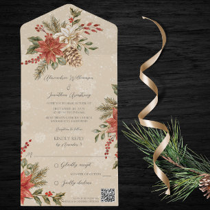 Invitation Tout En Un Poinsettias avec Holly sur Snowy Beige QR Code