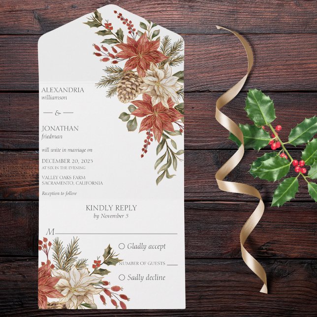 Invitation Tout En Un Poinsettias Rouges et Ivoire avec du Pin (Créateur téléchargé)