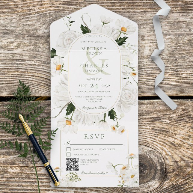 Invitation Tout En Un Poireaux rustiques et Fleurs blanches Code QR (Créateur téléchargé)