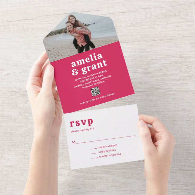 Invitation Tout En Un Police rétro rose chaud QR Code Photo Mariage mode (Déchirure)