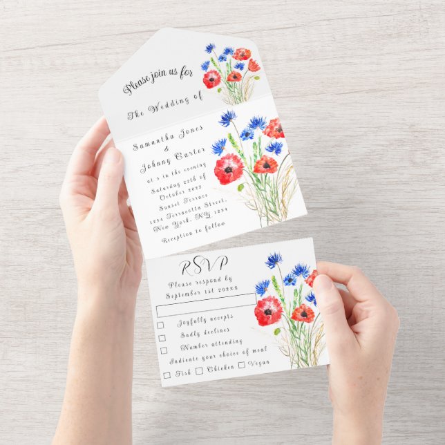 Invitation Tout En Un Poppies Cornflowers Mariage élégant (Déchirure)