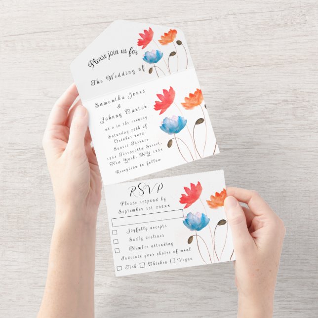Invitation Tout En Un Poppies Floral Aquarelle été Mariage élégant (Déchirure)