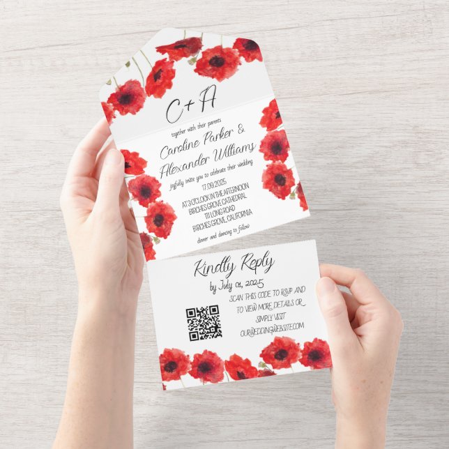Invitation Tout En Un Poppies rouges Pavot moderne élégant floral (Déchirure)