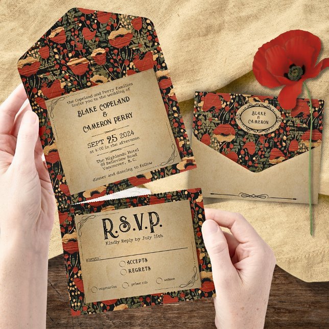 Invitation Tout En Un Poppies rouges rustiques Bois tout en un mariage I (Créateur téléchargé)