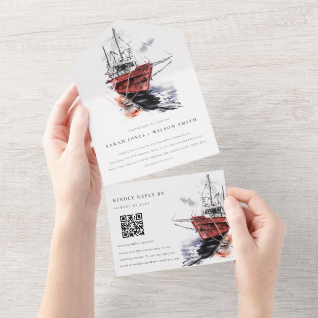 Invitation Tout En Un Port Yacht Voilier Aquarelle Mariage QR Code (Déchirure)