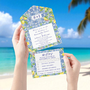 Invitation Tout En Un Portugais Carreaux Lemons Initiales rustiques Mari