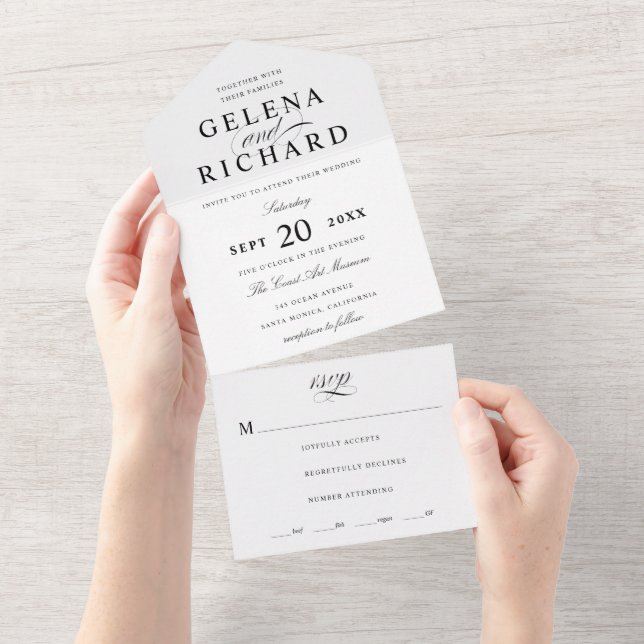 Invitation Tout En Un Prénoms Elégant noir et blanc Mariage officiel (Déchirure)