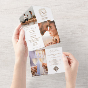 Invitation Tout En Un Preppy Monogram Crest 3 Photo QR Code Chic Mariage