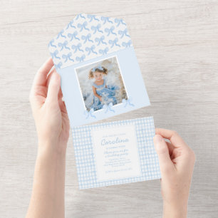 Invitation Tout En Un Préppy Watercolor Bows En vichy Photo personnalisé