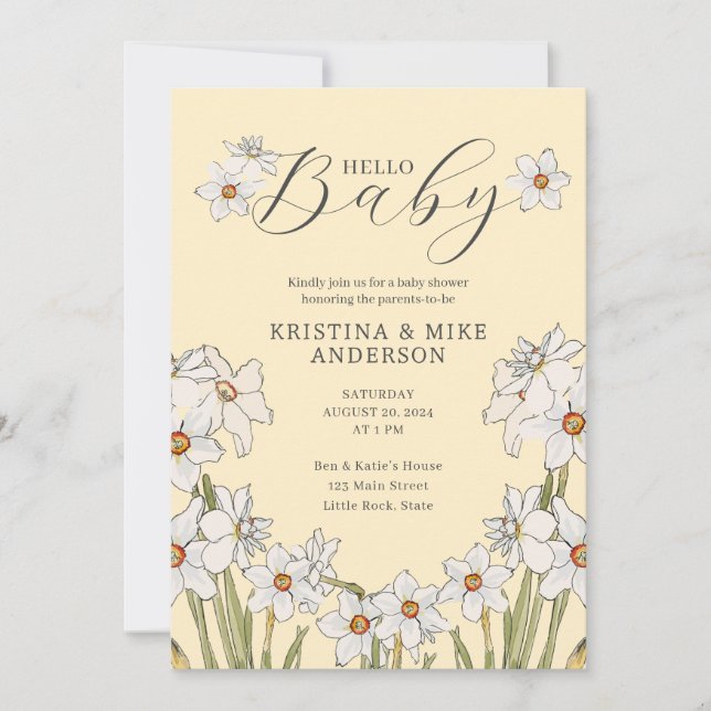 Invitation Tout en un printemps jaune Bonjour Baby shower (Devant)