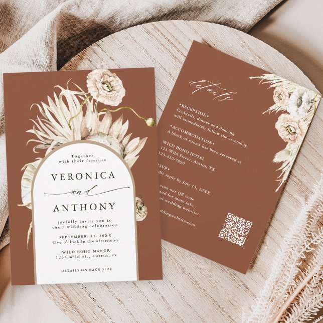 Invitation Tout en un Protea Pampas Grass Mariage Terracotta (Créateur téléchargé)