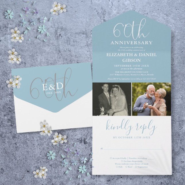 Invitation Tout En Un Puis et maintenant 2 Photo 60e anniversaire Mariag (Then And Now 2 Photo 60th Wedding Anniversary All In One Invitation)