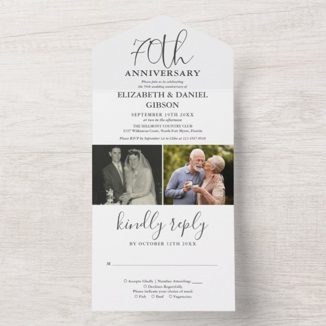 Invitation Tout En Un Puis et maintenant 2 Photo 70e anniversaire Mariag (À l'intérieur)