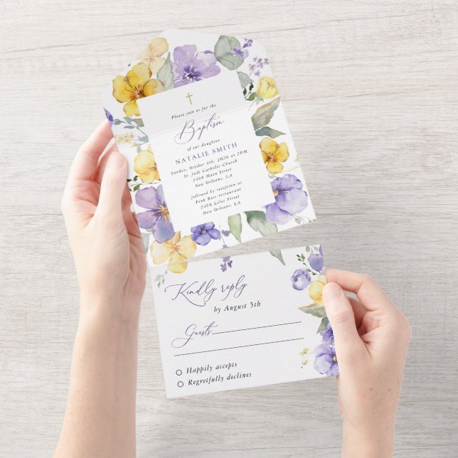 Invitation Tout En Un Purple Flowers, Yellow Flowers, Boho, Baptism (Déchirure)