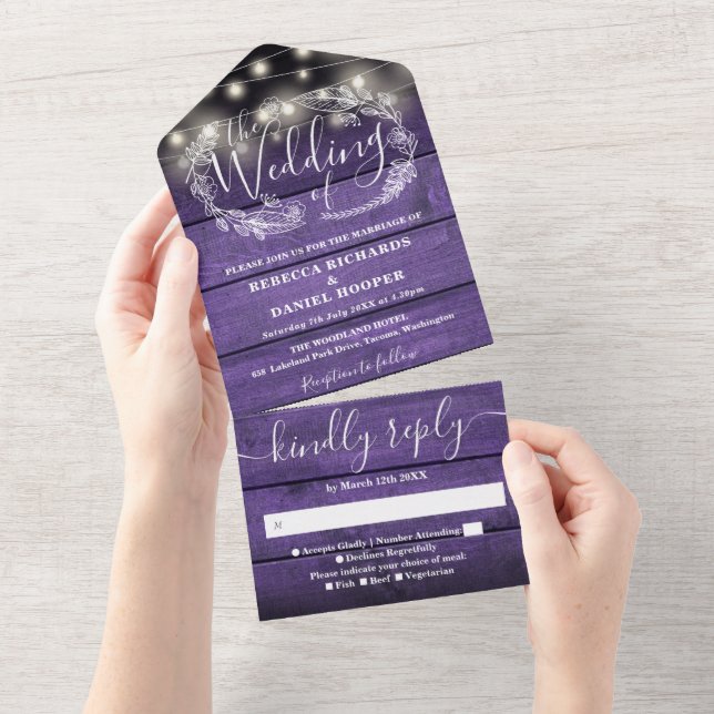 Invitation Tout En Un Purple Rustique Chaîne de bois éclaire le Mariage  (Déchirure)