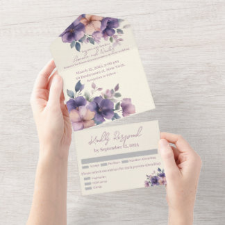 Invitation Tout En Un Purply rose fleurs sur All in One Wedding Inviter