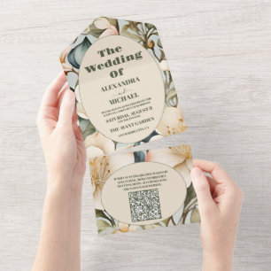 Invitation Tout En Un QR Code Aquarelle Blanc Lily Art Nouveau Mariage
