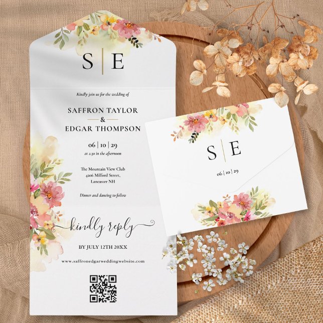 Invitation Tout En Un QR Code Aquarelle Floral Monogramme Mariage (QR Code Watercolor Floral Monogram Wedding All In One Invitation)