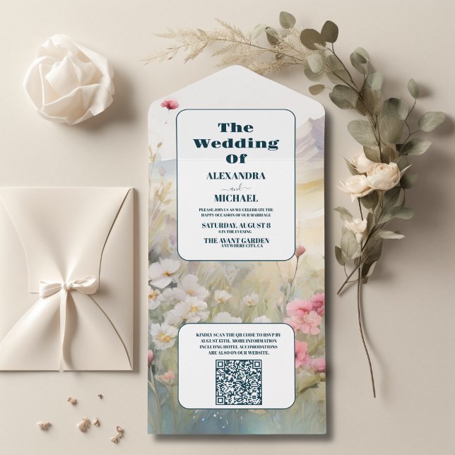 Invitation Tout En Un QR Code Aquarelle Floral Spring Mountains Mariage (Créateur téléchargé)