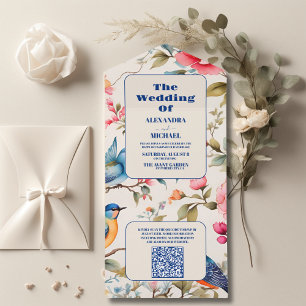 Invitation Tout En Un QR Code Aquarelle Oiseaux Peony Chinoiserie Garden