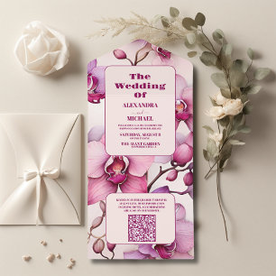 Invitation Tout En Un QR Code Aquarelle opulente Mariage d'orchidée rose