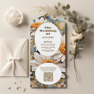 Invitation Tout En Un QR Code Aquarelle rustique Mariage marguerite blan