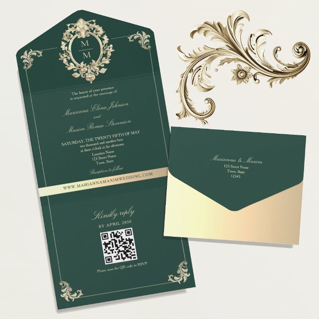 Invitation Tout En Un QR Code Baroque Gold Emerald Mariage vert (Créateur téléchargé)