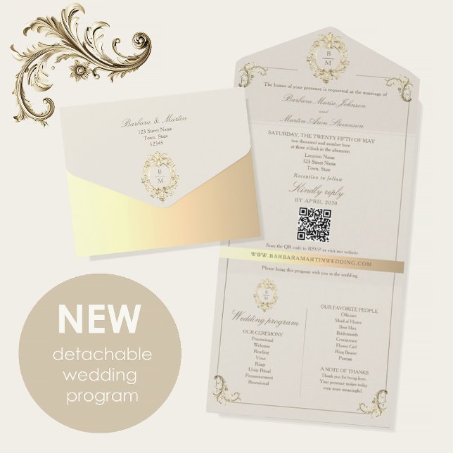 Invitation Tout En Un QR Code Baroque Monogram Wedding (Créateur téléchargé)