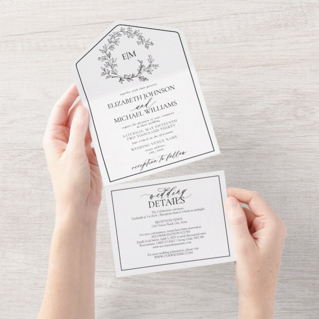Invitation Tout En Un QR Code Blanc Noir Cimier Mariage Monogramme (Déchirure)