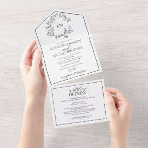 Invitation Tout En Un QR Code Blanc Noir Cimier Mariage Monogramme