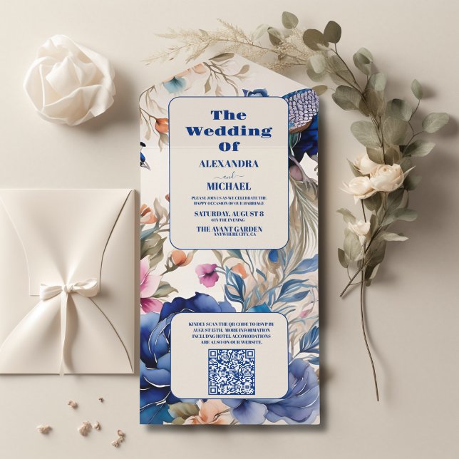 Invitation Tout En Un QR Code Blush Floral Peacock Chinoiserie Mariage (Créateur téléchargé)