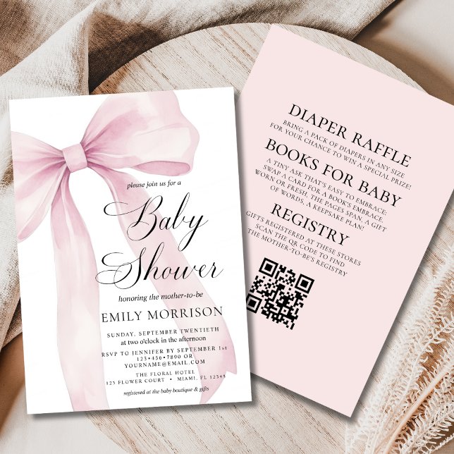Invitation Tout en un QR Code Blush Pink Bow Girl Baby shower (Créateur téléchargé)