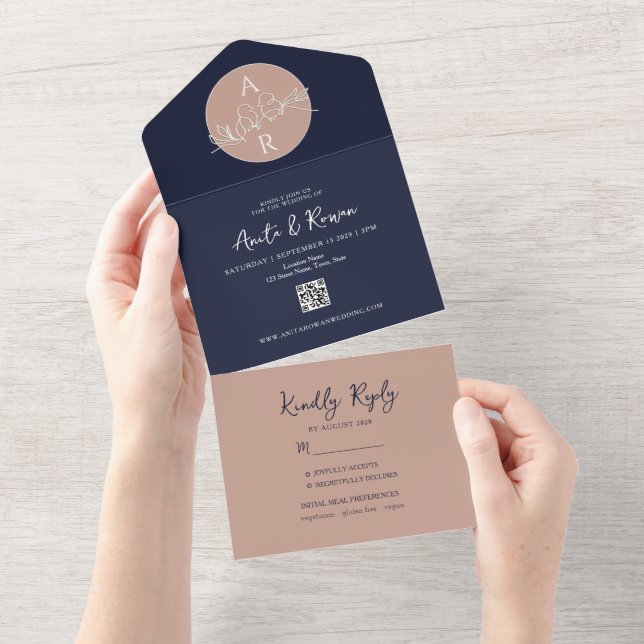 Invitation Tout En Un QR Code Blush Rose Marine Mariage bleu (Déchirure)