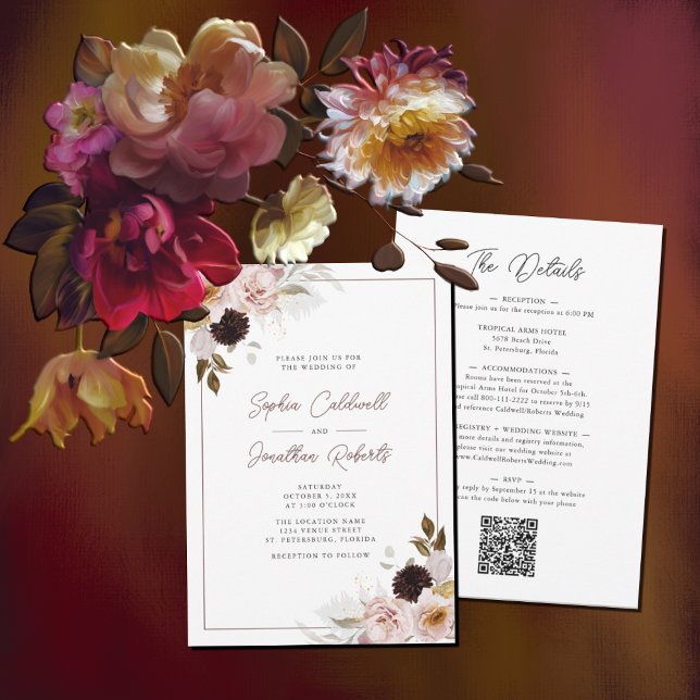Invitation Tout en un QR Code Blush rose Roses Mariage (Créateur téléchargé)